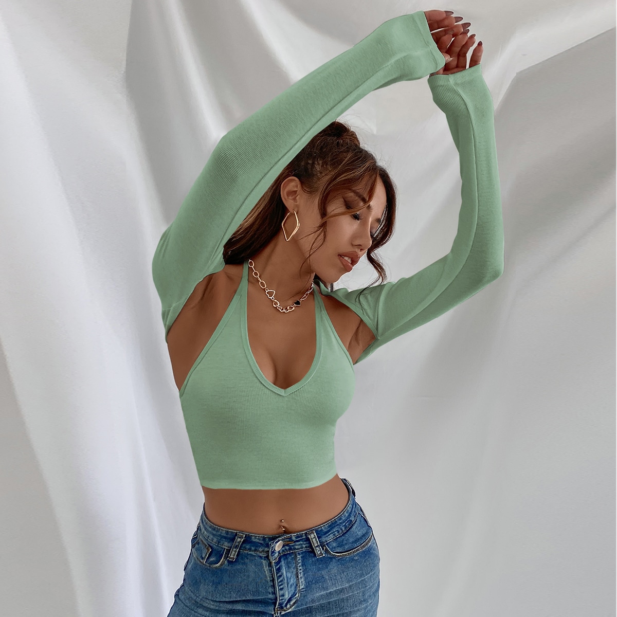 Топ-халтер с узлом сзади & болеро с длинным рукавом