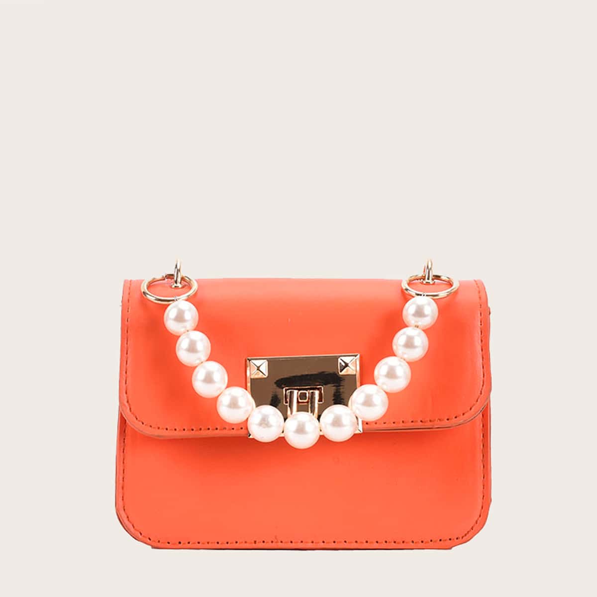 

Faux Pearl Handle Solid Satchel Bag, Orange
