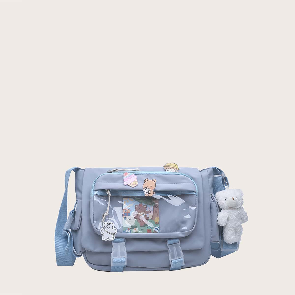 

Pocket Front Crossbody Bag With 3pcs Random Brooch, Blue