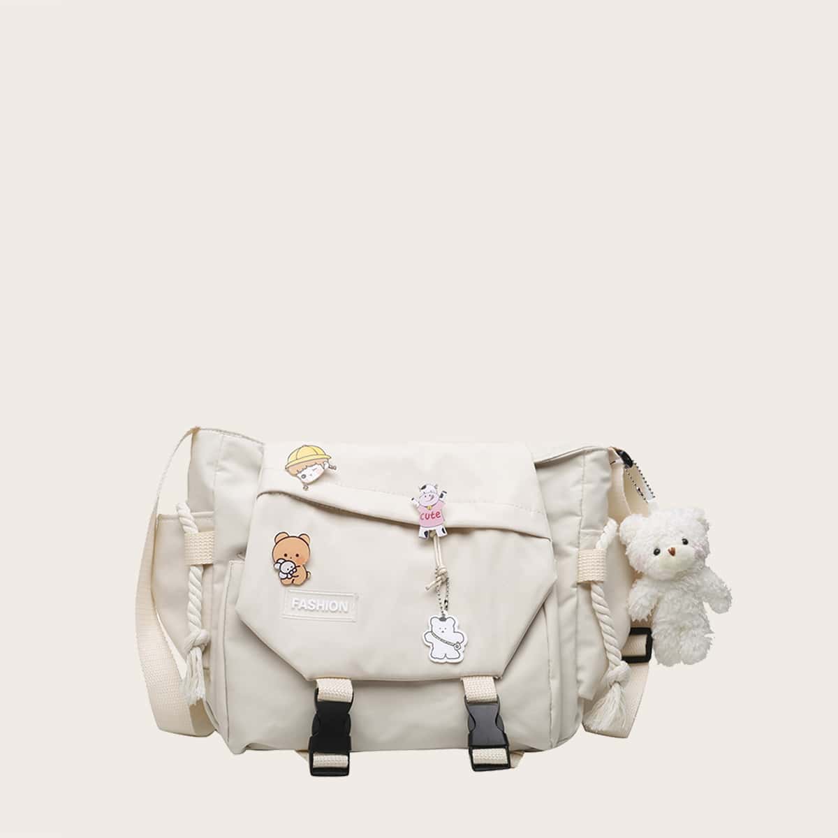 

Flap Crossbody Bag With 3pcs Random Brooch, White
