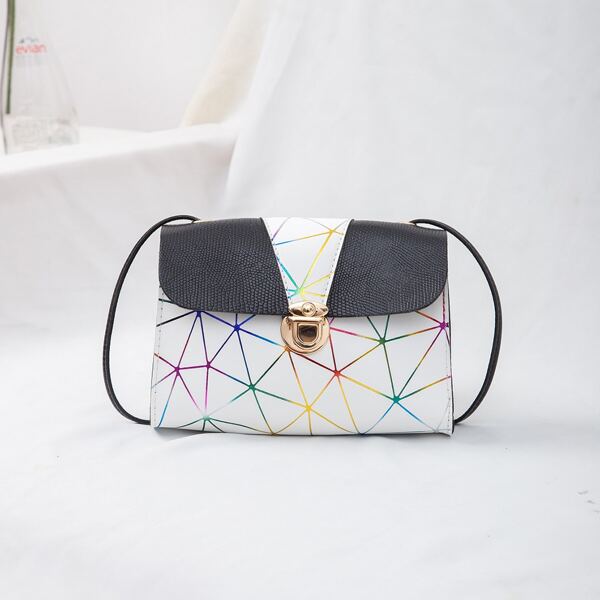 

Geometric Graphic Push Lock Crossbody Bag, Black and white