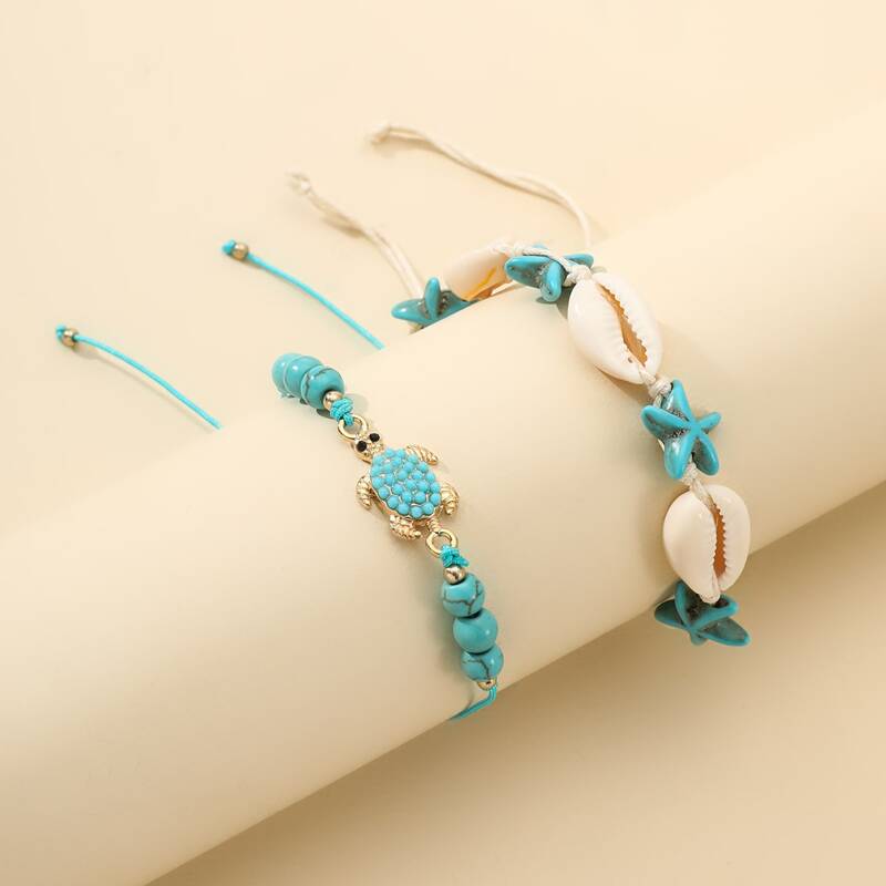 

2pcs Turtle & Shell Rope Bracelet, Multicolor