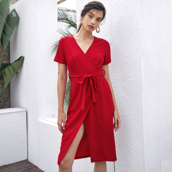 

Solid Belted Wrap Dress, Red