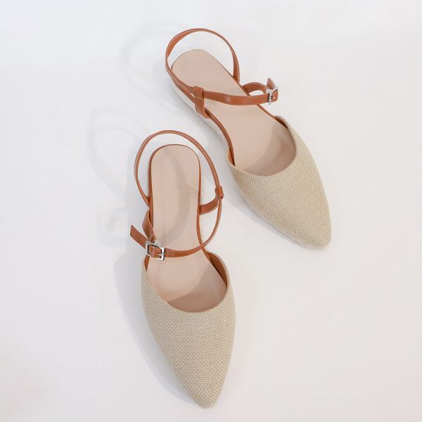 

Point Toe Buckle Strap Slingback Flats, Beige