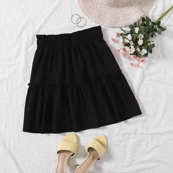 

Elastic Waist Frill Trim Ruffle Hem Skirt, Black