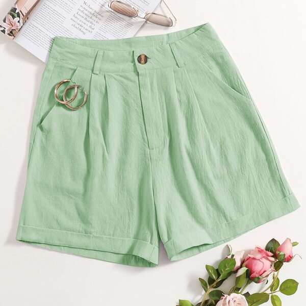 

Button Waist Roll Hem Shorts, Mint green