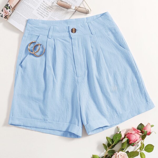 

Button Waist Roll Hem Shorts, Baby blue