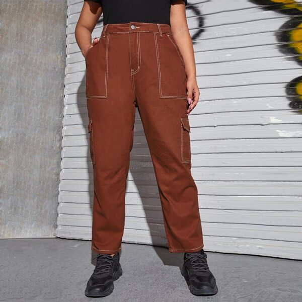 

Plus Zipper Fly Flap Pocket Contrast Stitch Jeans, Rust brown