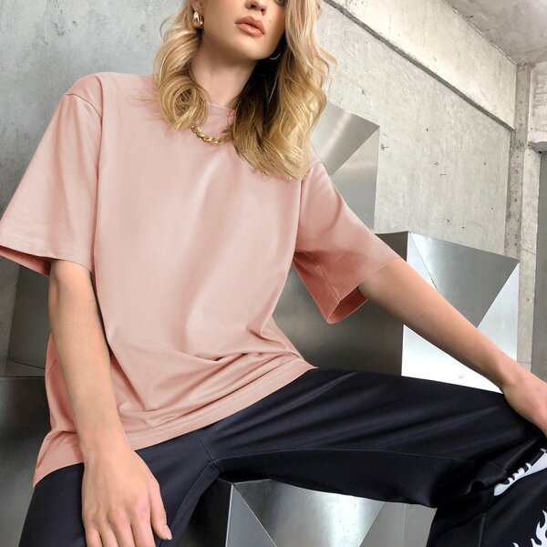 

Drop Shoulder Solid Longline Tee, Coral pink