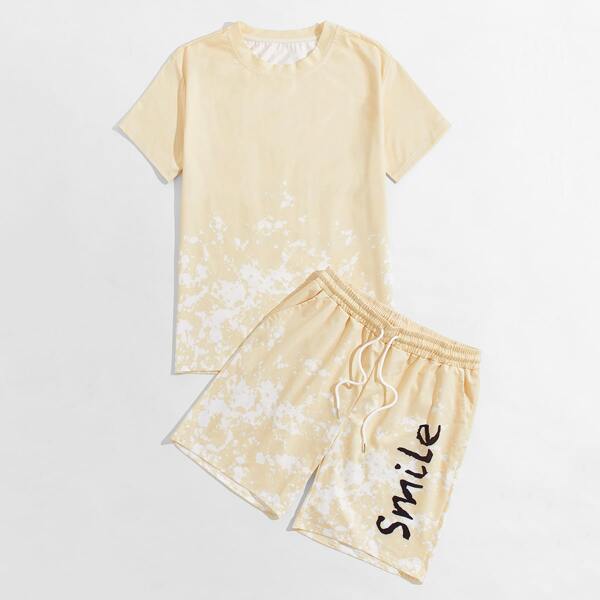 

Men Splatter Painting Tee & Drawstring Track Shorts, Apricot