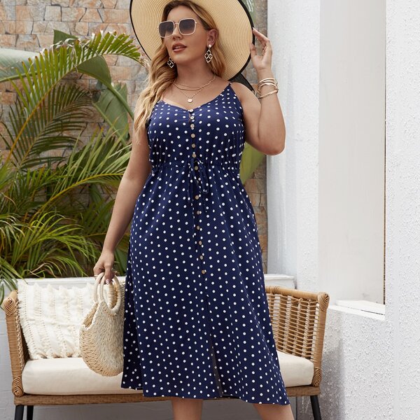 

Plus Polka Dot Button Front Cami Dress, Navy blue