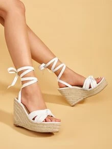 Knot Decor Tie Leg Wedge Sandals - White - View 2
