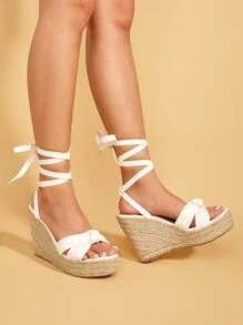 Knot Decor Tie Leg Wedge Sandals - White - View 4