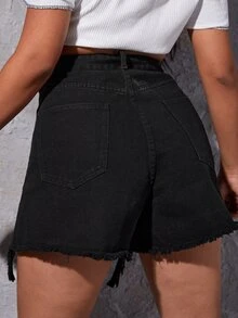 Plus Ripped Rhinestone Denim Shorts - Black - View 2