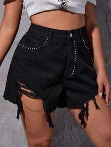 Plus Ripped Rhinestone Denim Shorts - Black - View 3