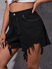 Plus Ripped Rhinestone Denim Shorts - Black - View 4