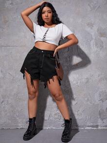 Plus Ripped Rhinestone Denim Shorts - Black - View 5