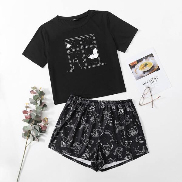 

Plus Cartoon Graphic Pajama Set, Black