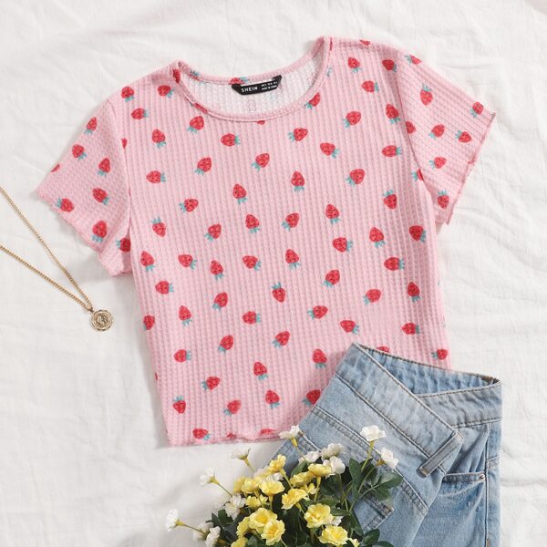 

Allover Strawberry Print Waffle Knit Tee, Baby pink