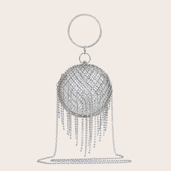 

Rhinestone Fringe Charm Clutch Bag, Silver