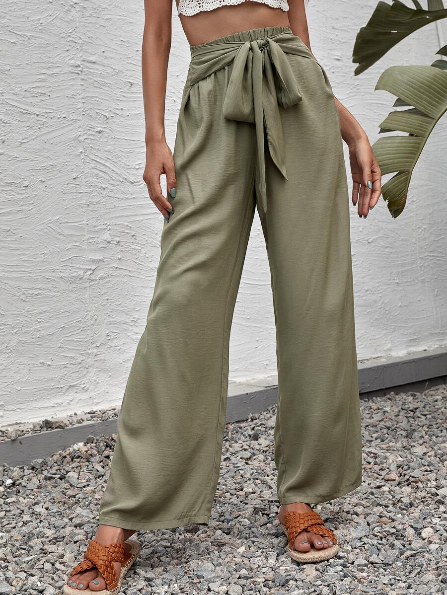 Solid Tie Front Wide Leg Trousers - Army Green - View 1