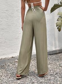 Solid Tie Front Wide Leg Trousers - Army Green - View 2