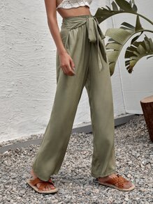 Solid Tie Front Wide Leg Trousers - Army Green - View 4