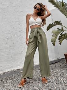 Solid Tie Front Wide Leg Trousers - Army Green - View 5