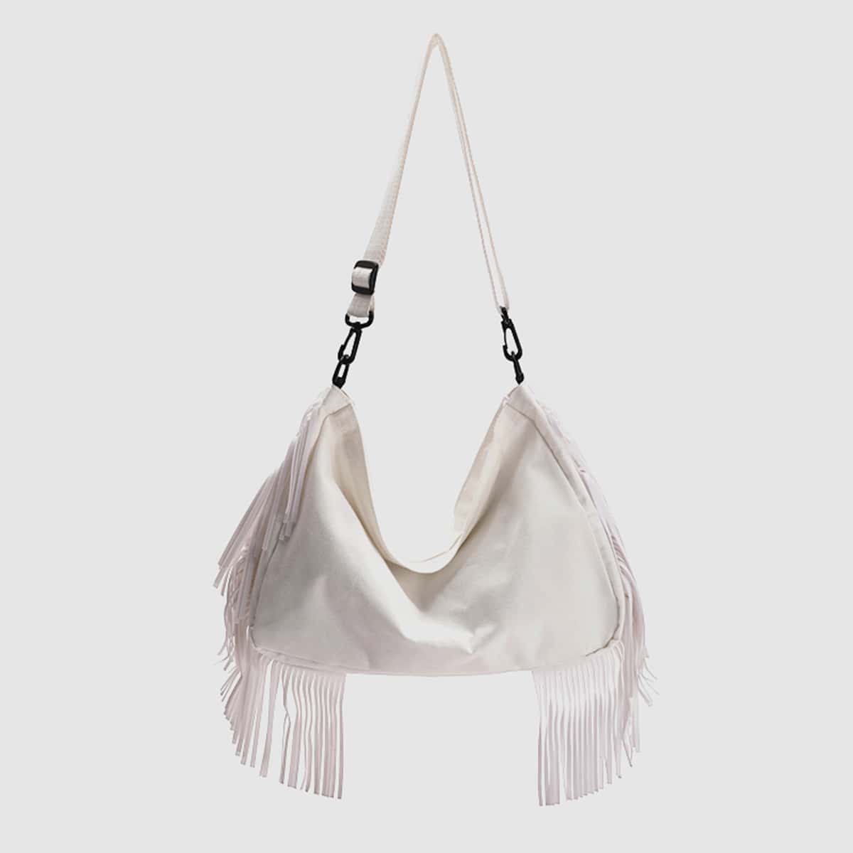 

Solid Tassel Trim Crossbody Bag, White