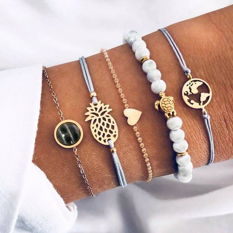 

5pcs Heart & Map Bracelet, Gold