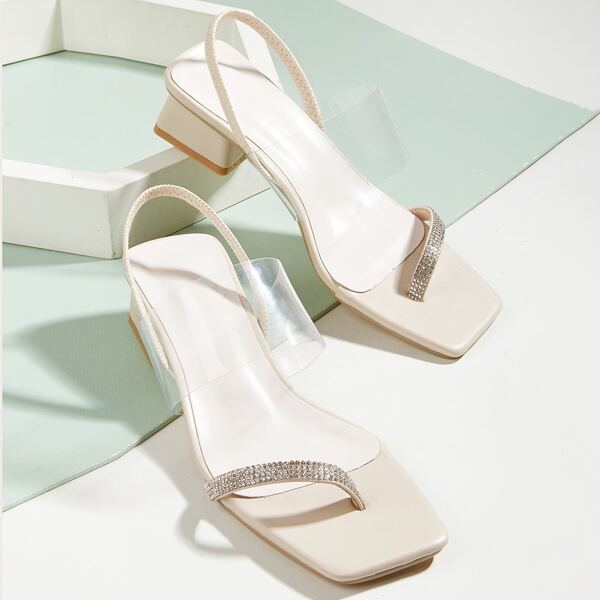 

Rhinestone Decor Slingback Thong Sandals, Beige