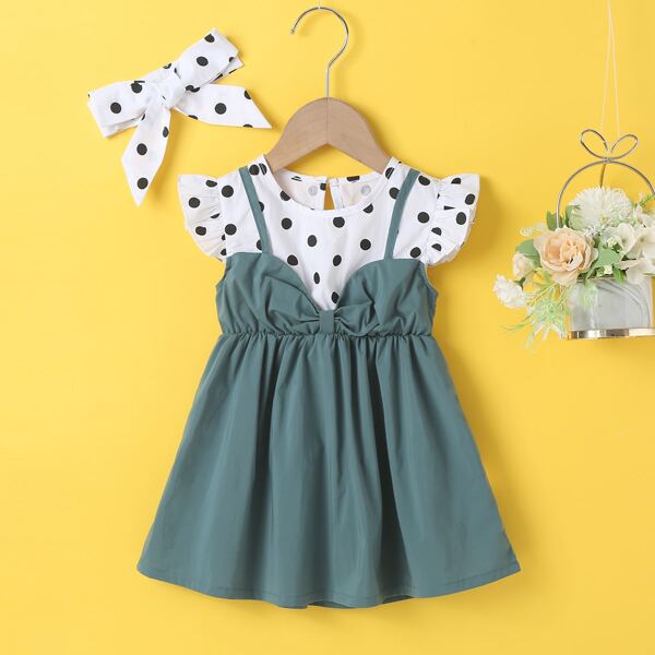 

Baby Girl 2 In 1 Polka Dot Ruffle Trim Dress With Headband, Multicolor