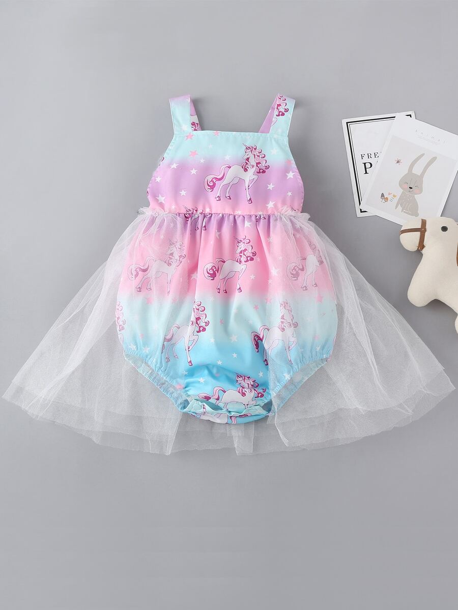 Baby Girl Unicorn Print Mesh Panel Bodysuit - Multicolor - View 1