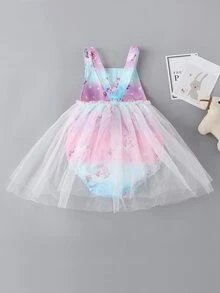 Baby Girl Unicorn Print Mesh Panel Bodysuit - Multicolor - View 2