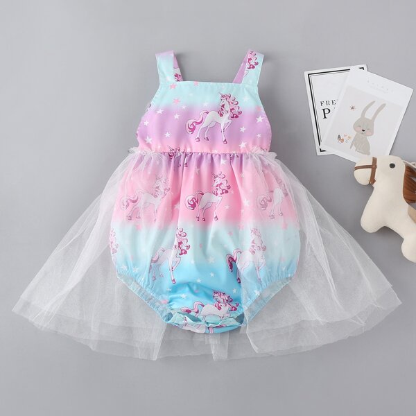 

Baby Girl Unicorn Print Mesh Panel Bodysuit, Multicolor