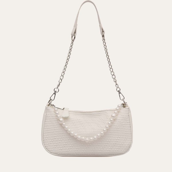 

Minimalist Textured Faux Pearl Handle Satchel Bag, White