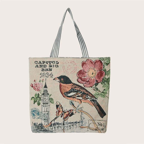 

Bird Pattern Tote Bag, Beige