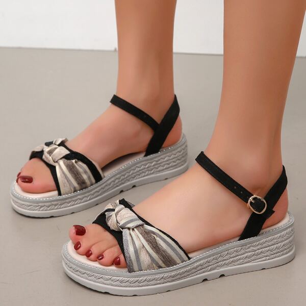 

Striped Knot Decor Flatform Sandals, Black