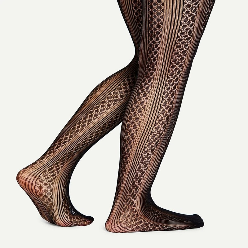 

1pair Flower Pattern Tights, Black
