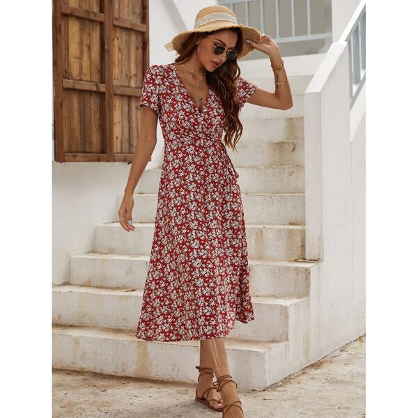 

Ditsy Floral Split Thigh Dress, Red and white