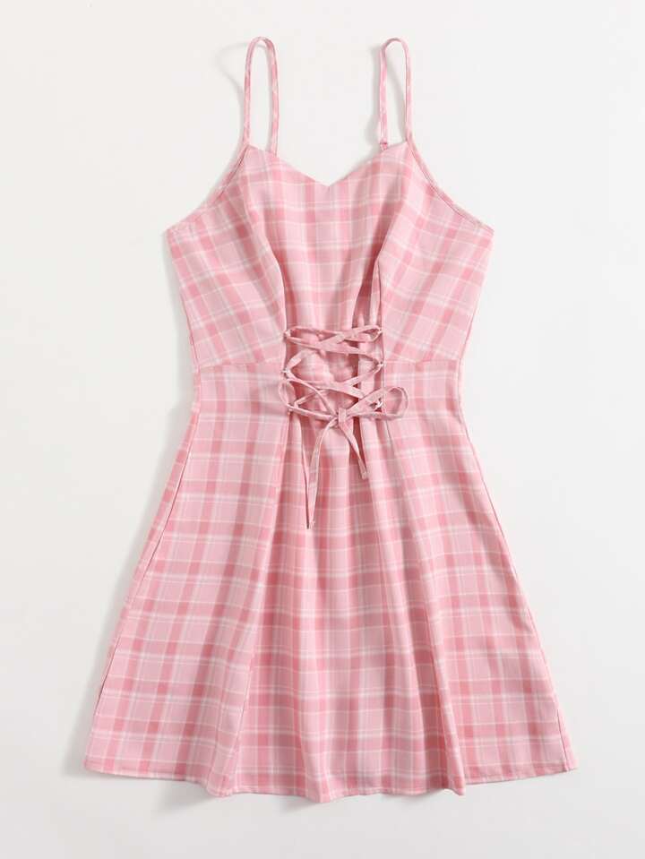Our Plaid Lace Up Cami Dress is such a vibe - ROMWE