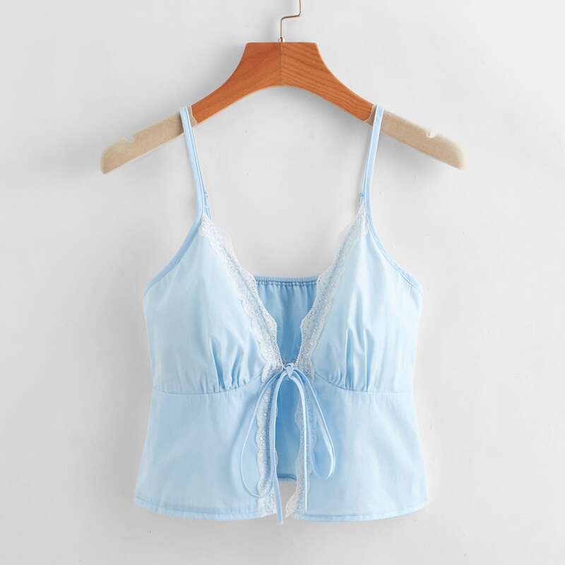 

Contrast Lace Tie Front Cami, Baby blue