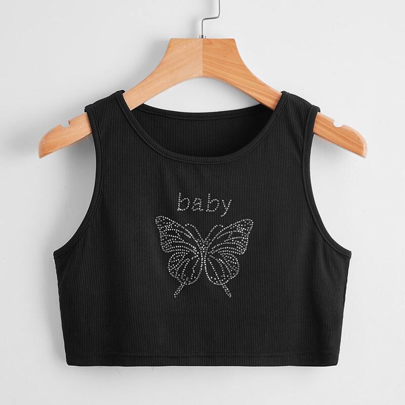 

Letter Butterfly Rhinestone Ribbed Tank Top, Black