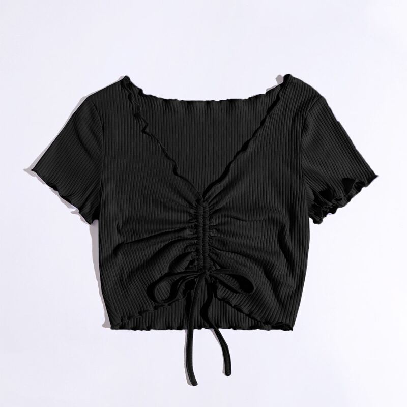

Lettuce Edge Drawstring Crop Tee, Black
