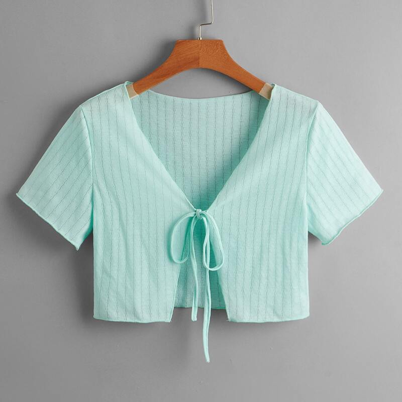 

Solid Pointelle Tie Front Top, Mint blue