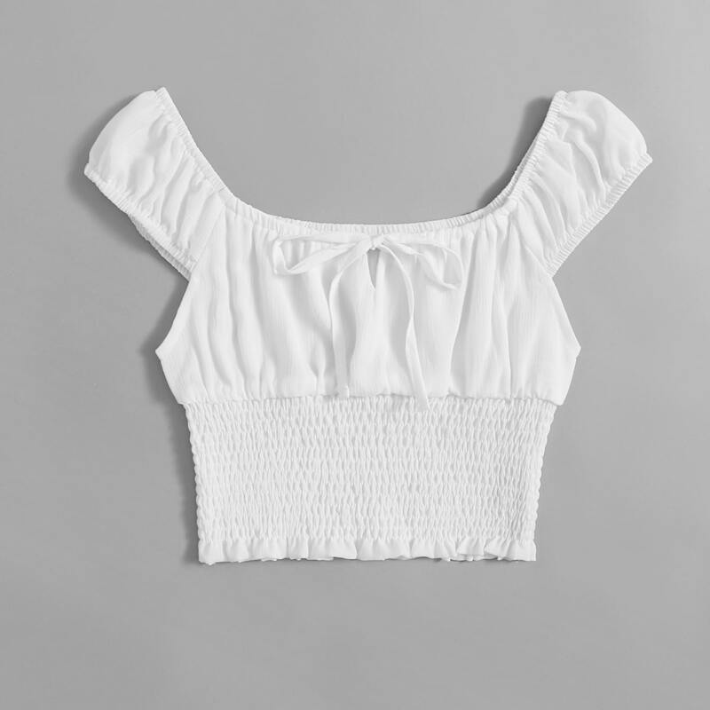 

Solid Tie Front Shirred Blouse, White