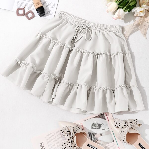 

Drawstring Waist Ruffle Hem Skirt, White