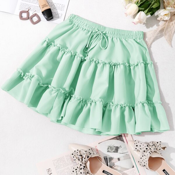 

Drawstring Waist Ruffle Hem Skirt, Mint green