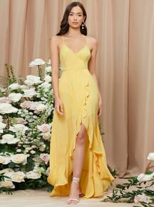 SHEIN Ruffle Trim Lace Up Backless Asymmetrical Hem Cami Dress - Yellow - View 1
