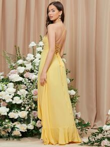 SHEIN Ruffle Trim Lace Up Backless Asymmetrical Hem Cami Dress - Yellow - View 2